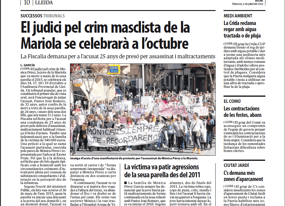 Un tribunal popular encarregat de jutjar el crim masclista de la Mariola, que es celebrarà a l’octubre