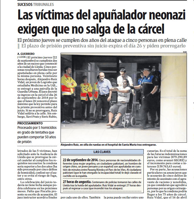 Las víctimas del apuñalador neonazi exigen que no salga de la cárcel