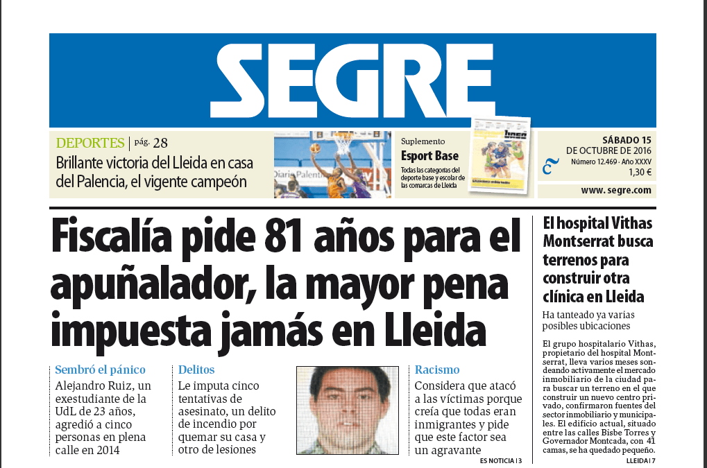 Fiscalia de Lleida pide para el apuñalador neonazi la pena más alta impuesta en Lleida