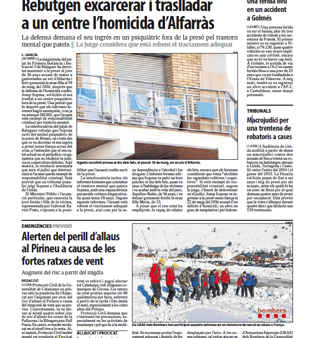 Rebutjada la petició d’excarcerar i traslladar a un centre psiquiàtric a l’homicida d’Alcarràs.