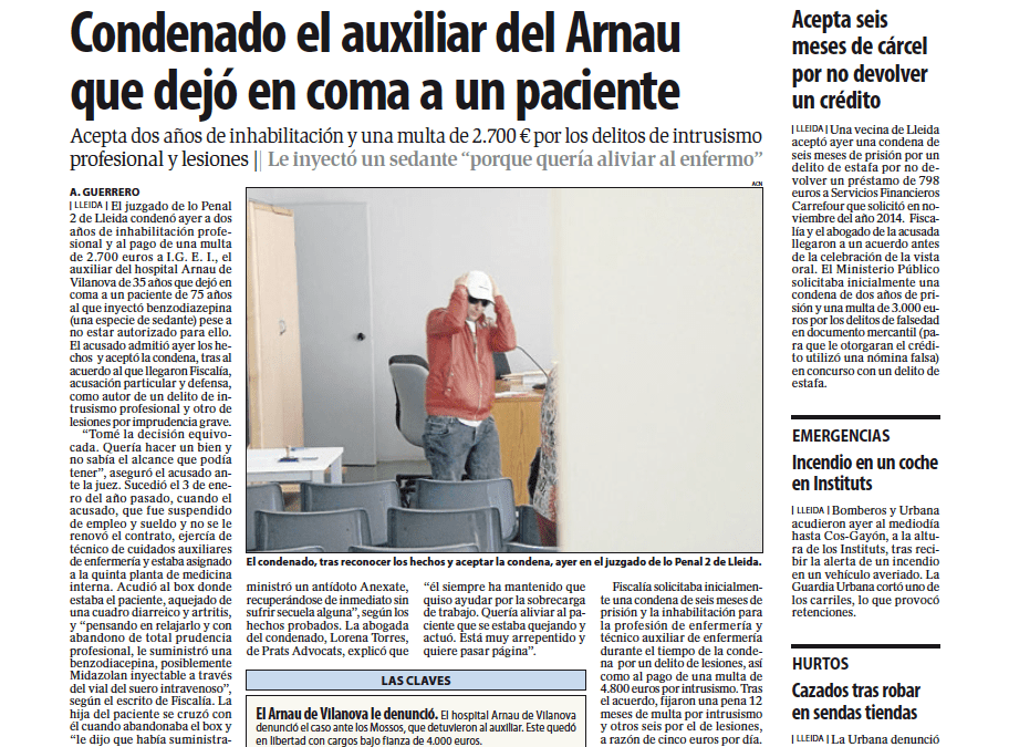 Acuerdo en el juicio contra el auxiliar de Arnau que dejó en coma a un paciente