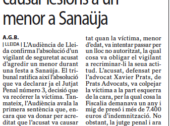 Absolen un vigilant de seguretat, representat per Prats Advocats, acusat de causar lesions a un menor