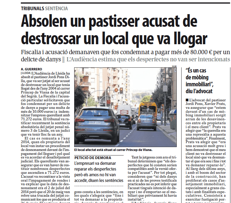 Absolt un pastisser de Lleida, representat per Prats Advocats, acusat de destrossar un local