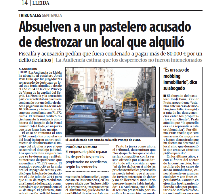 Absuelto un pastelero de Lleida, representado por Prats Advocats, acusado de destrozar un local