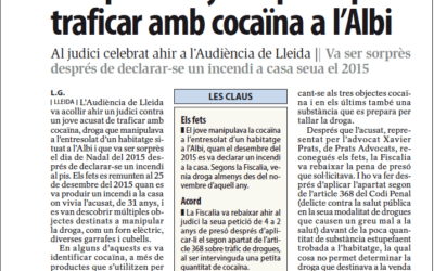 Prats Advocats aconsegueix un acord amb Fiscalia per rebaixar la pena del seu representat acusat de traficar amb cocaïna