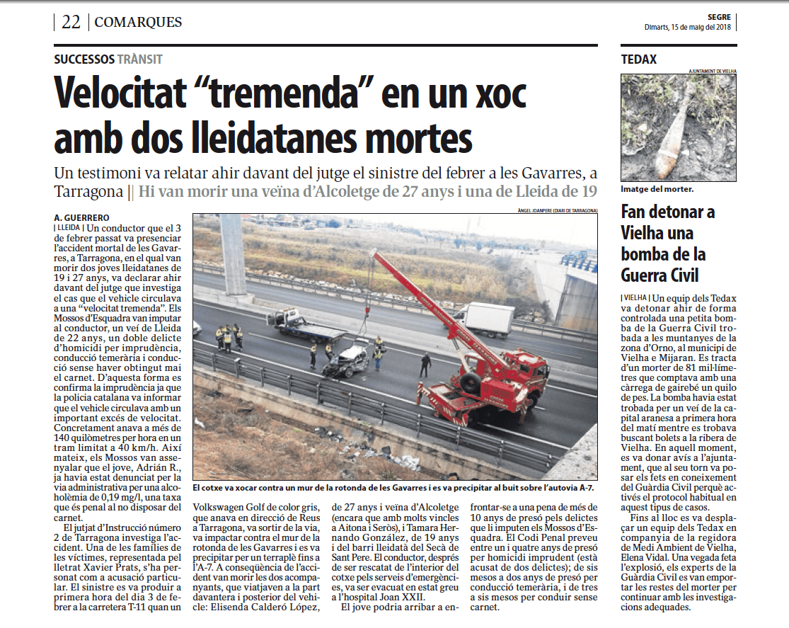 Prats Advocats dret penal Lleida accident mortal a les Gavarres – Tarragona