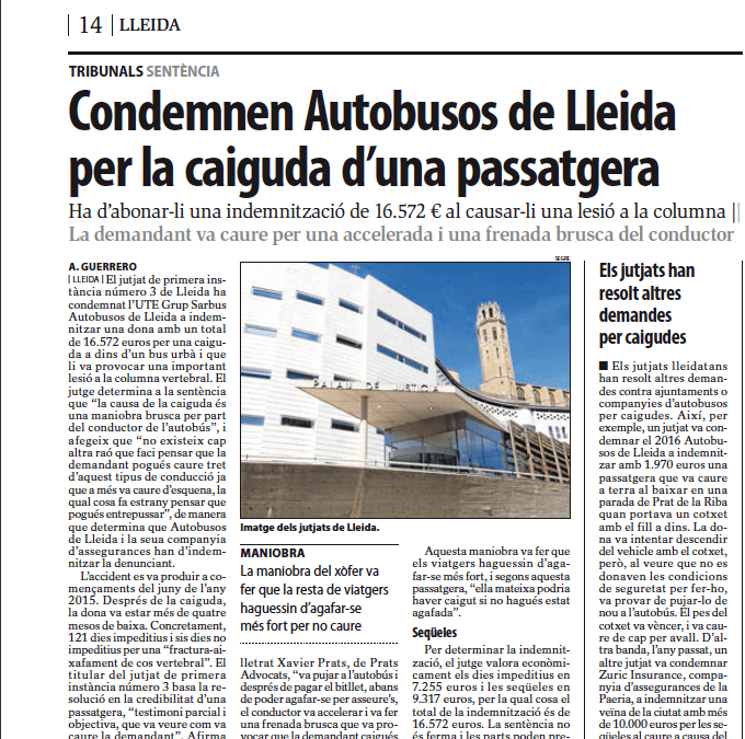 Més de 16.000 € d’indemnització per una dona, representada per Prats Advocats, que va patir una caiguda en un bus urbà