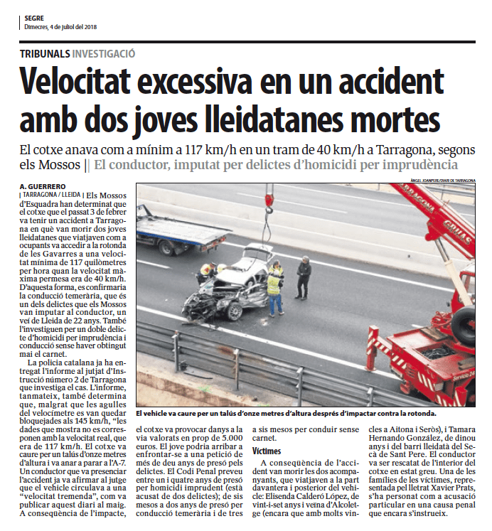 Diari Segre artícle Accident Gavarres Prats Advocats Dret Penal