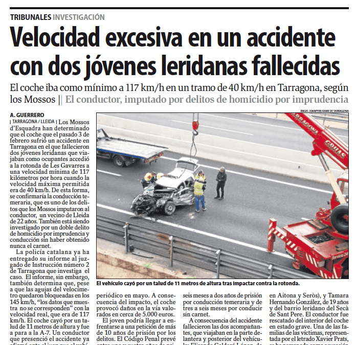 Los Mossos confirman velocidad excesiva en el vehículo que causó la muerte de 2 leridanas en Tarragona
