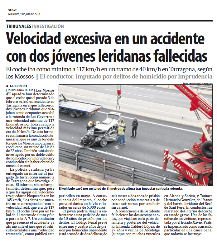 Diario Segre artículo Accidente Gavarres Prats Advocats Derecho Penal