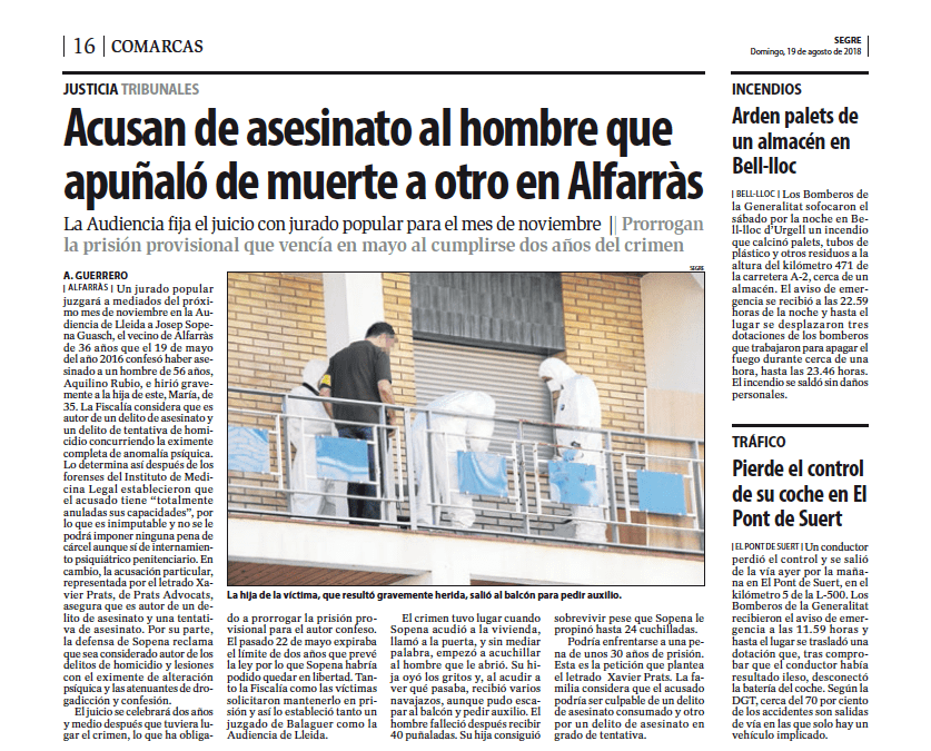 Un jurado popular juzgará en noviembre en el acusado de apuñalar mortalmente a una persona en Alfarràs
