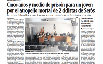 La Audiencia confirma la sentencia de cinco años y medio para el joven que atropelló mortalmente a dos ciclistas de Seròs