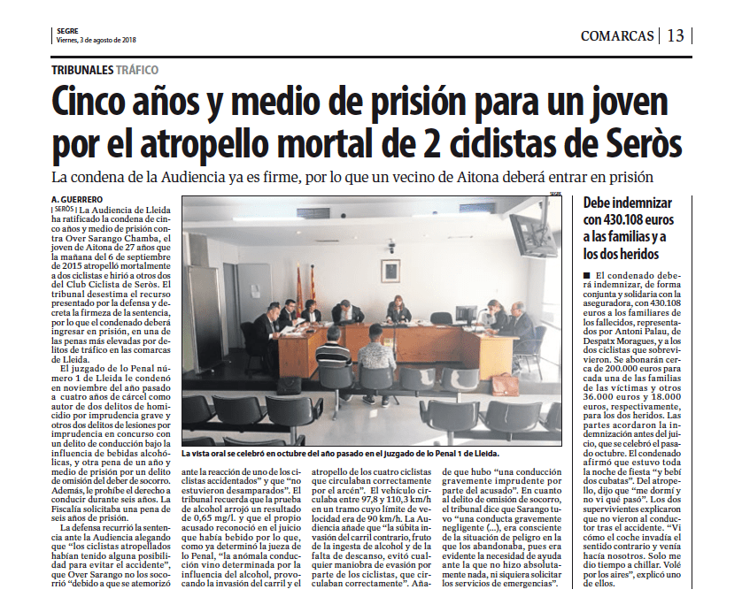 La Audiencia confirma la sentencia de cinco años y medio para el joven que atropelló mortalmente a dos ciclistas de Seròs