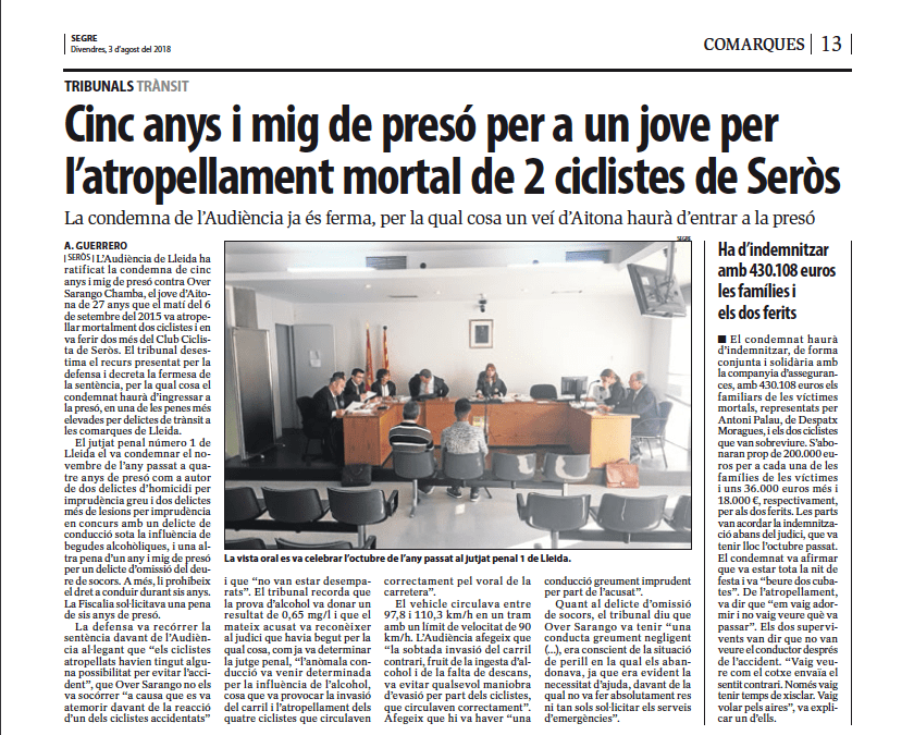L’Audiència confirma la sentència de cinc anys i mig per al jove que va atropellar mortalment dos ciclistes de Seròs