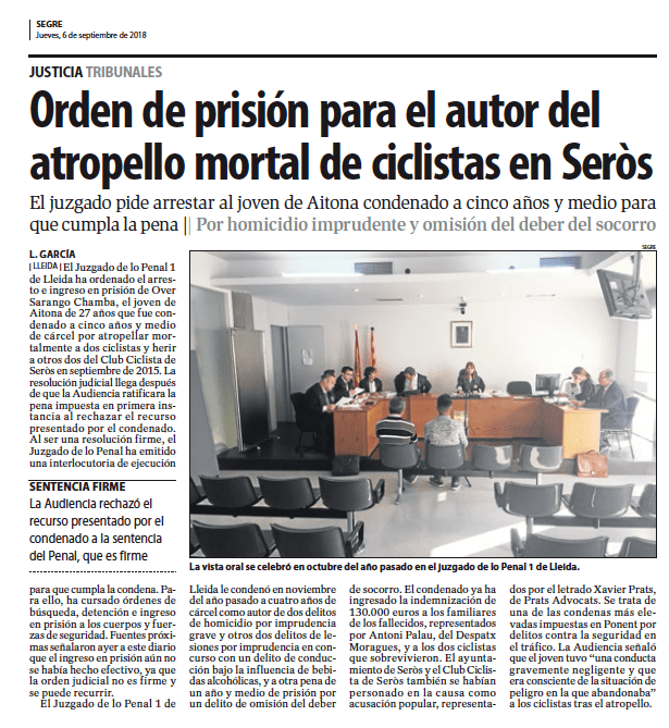 Abogados penalista Lleida Prats Advocats atropello mortal ciclistas Seròs