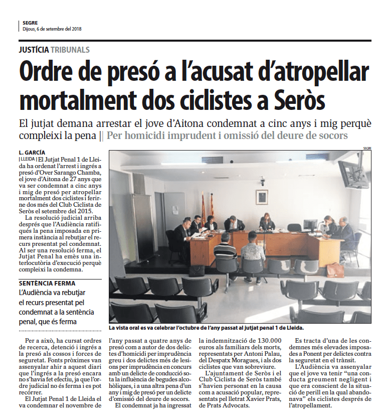 Advocats penalistes Lleida Prats Advocats atropellament mortal ciclistes Seròs