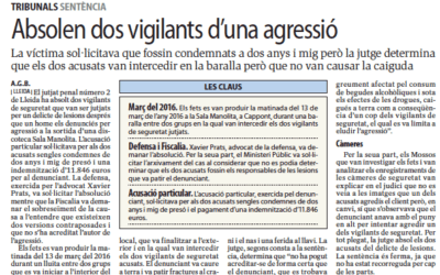 Absolts dos vigilants de seguretat representats per Prats Advocats acusats d’agressió