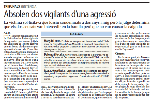 Noticia Diari Segre, Prats Advocats absolució dos vigilants acusats d’agressió