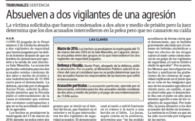 Absueltos dos vigilantes de seguridad representados por Prats Advocats acusados de agresión