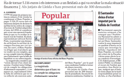 Nova sentència en contra del Popular per la venda fraudulenta d’accions favorable a un client representat de Prats Advocats