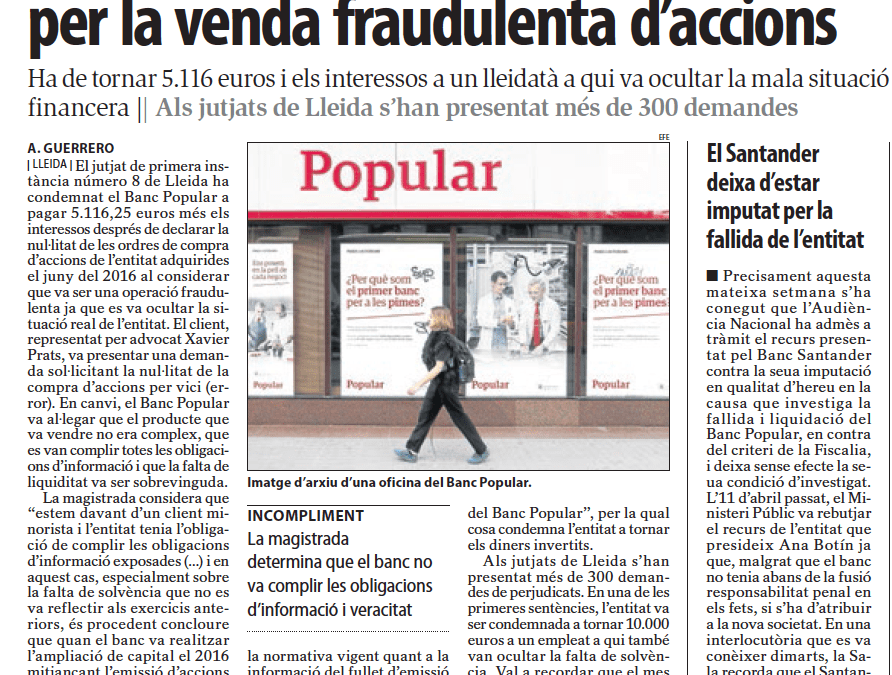 Nova sentència en contra del Popular per la venda fraudulenta d’accions favorable a un client representat de Prats Advocats