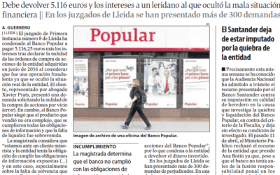 Nueva sentencia en contra del Popular por la venta fraudulenta de acciones favorable a un cliente representado por Prats Advocats