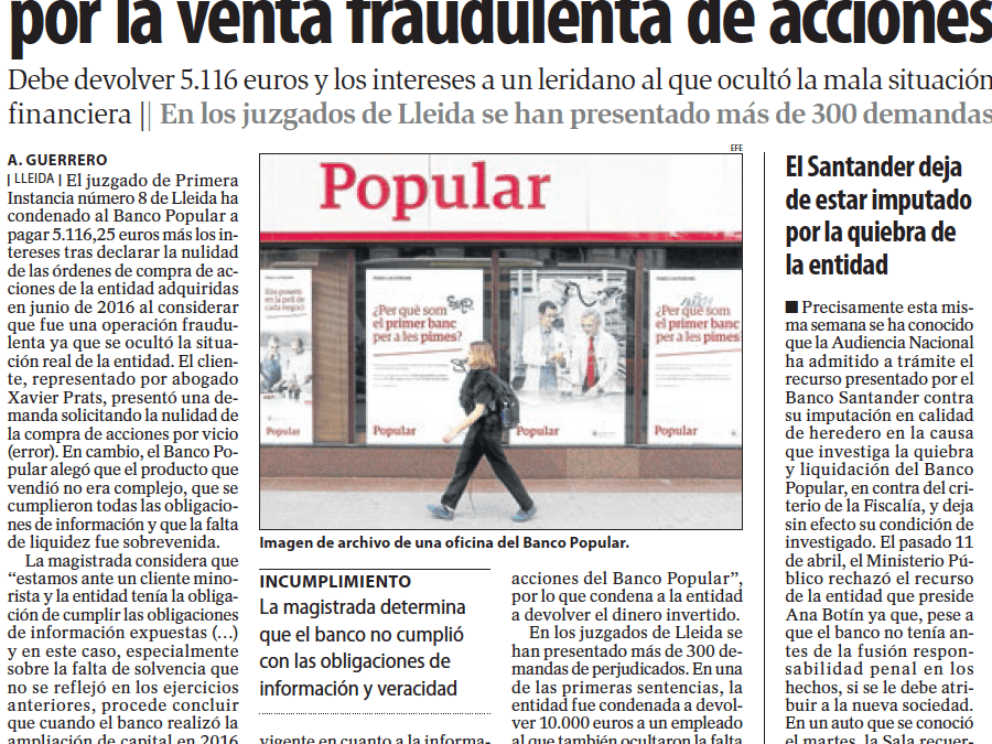 Nueva sentencia en contra del Popular por la venta fraudulenta de acciones favorable a un cliente representado por Prats Advocats