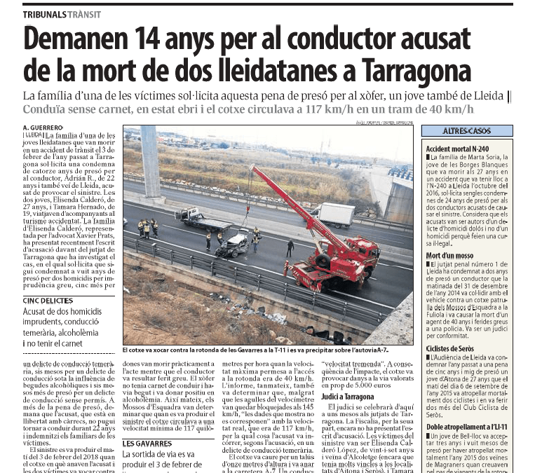 Sol·licitud de 14 anys de presó per al conductor acusat de l’accident de Les Gavarres