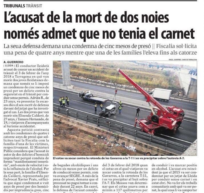 La defensa del acusado del accidente de tráfico que provocó la muerte de dos jóvenes, pide una condena de cinco meses de prisión por conducir sin carné