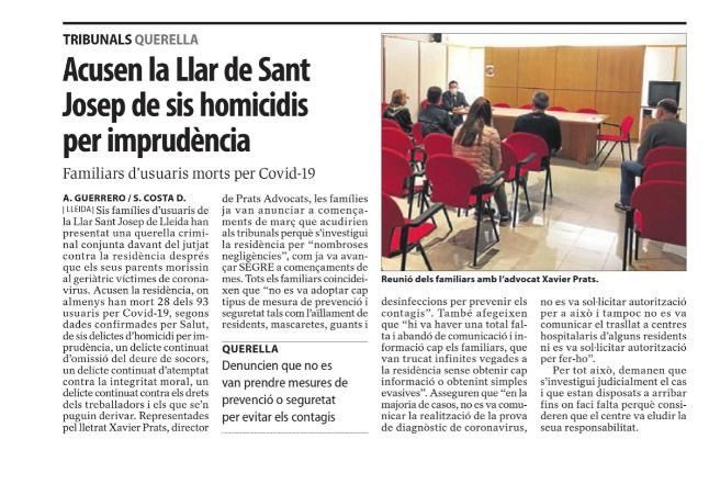 Prats Advocats, representa els interessos de sis famílies que acusen a la Llar de Sant Josep d’homicidi per imprudència