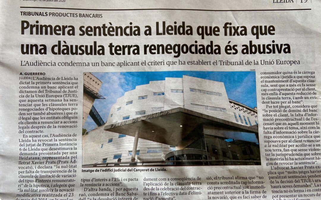 Una veïna de Lleida, representada per Prats Advocats, beneficiària de la primera sentencia en Lleida que fija que una clàusula terra renegociada és abusiva