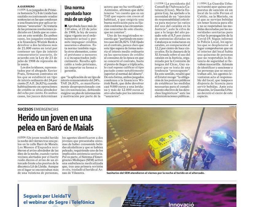 Dos lleidatans, representats per Prats Advocats, beneficiaris de les primeres condemnes emeses a Lleida pel cobrament d’interessos abusius
