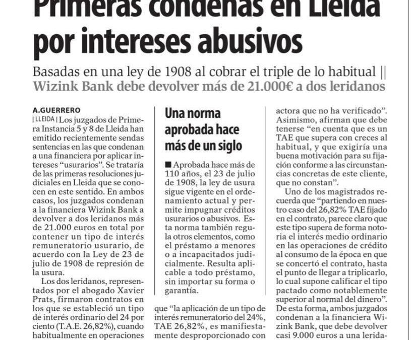 Dos leridanos, representados por Prats Advocats, beneficiarios de las primeras condenas emitidas en Lleida por el cobro de intereses abusivos
