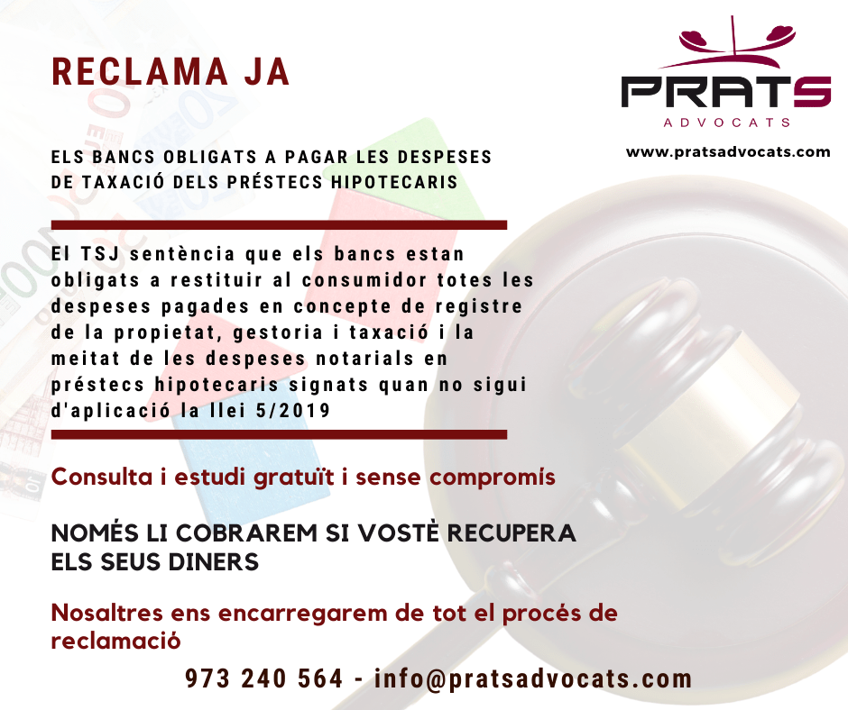 Recupera despeses taxació hipoteca Prats Advocats