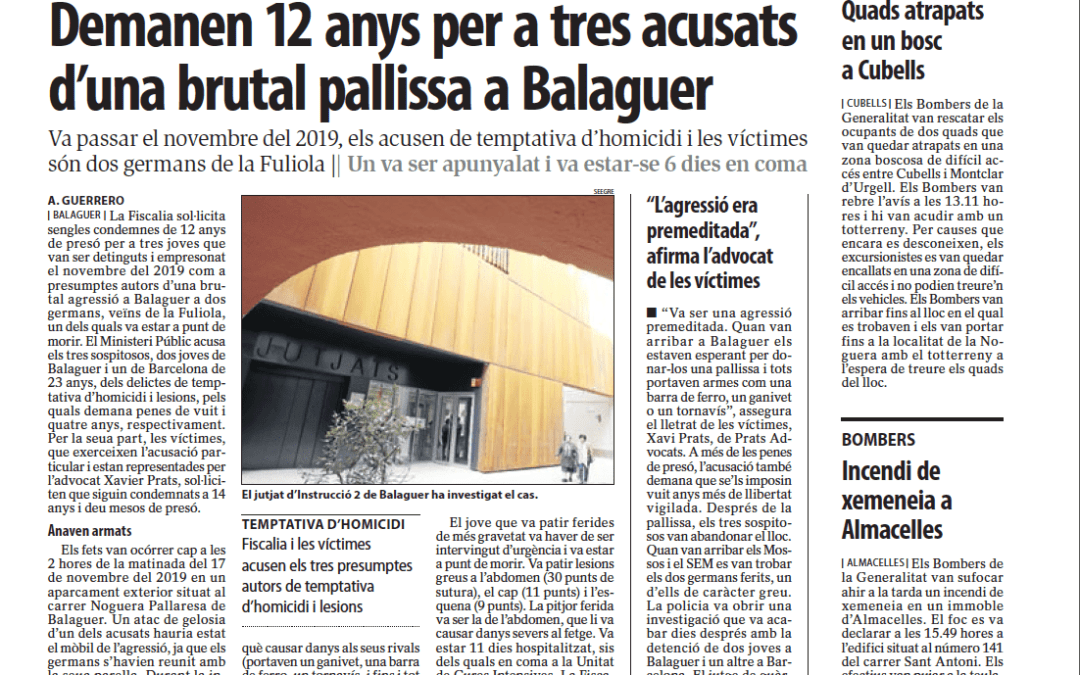 Prats Advocats, representa l’acusació particular dels dos germans víctimes d’una brutal pallissa a Balaguer