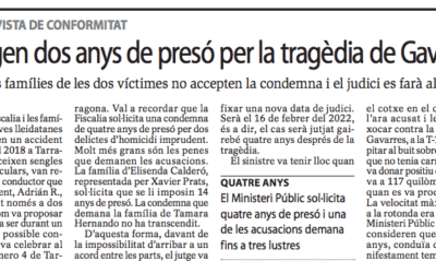 Manca d’acord entre les parts el judici per la mort de dos lleidatanes en un accident de trànsit a les Gavarres