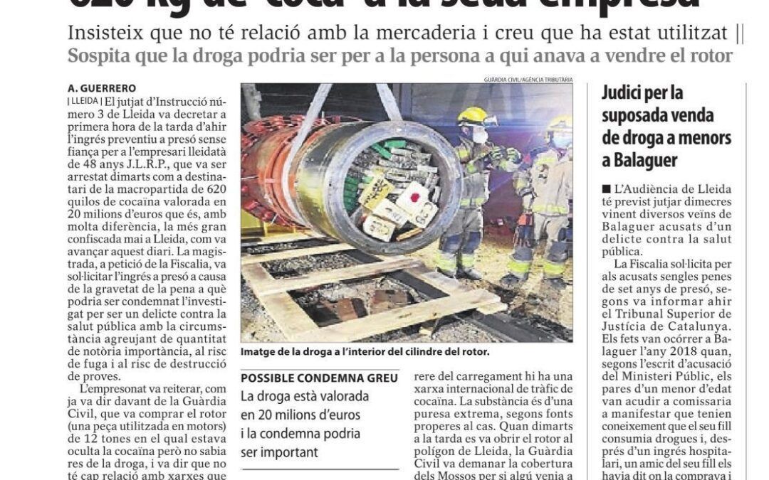 El despatx Prats Advocats, encarregat de la representació legal del detingut per la major partida de coca comissada a Lleida