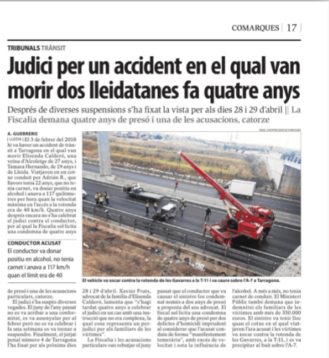 El judici per l’accident de les Gavarres, on van morir dos lleidatanes, previst per a finals d’abril