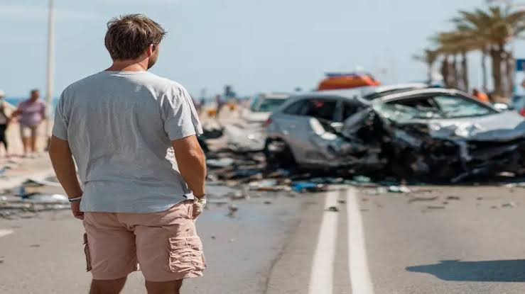 Accidente de tráfico durante las vacaciones: cómo reclamar una indemnización Persona observando un accidente de tráfico ocurrido durante un viaje, imagen ilustrativa sobre el derecho a reclamar una indemnización tras un siniestro en vacaciones.